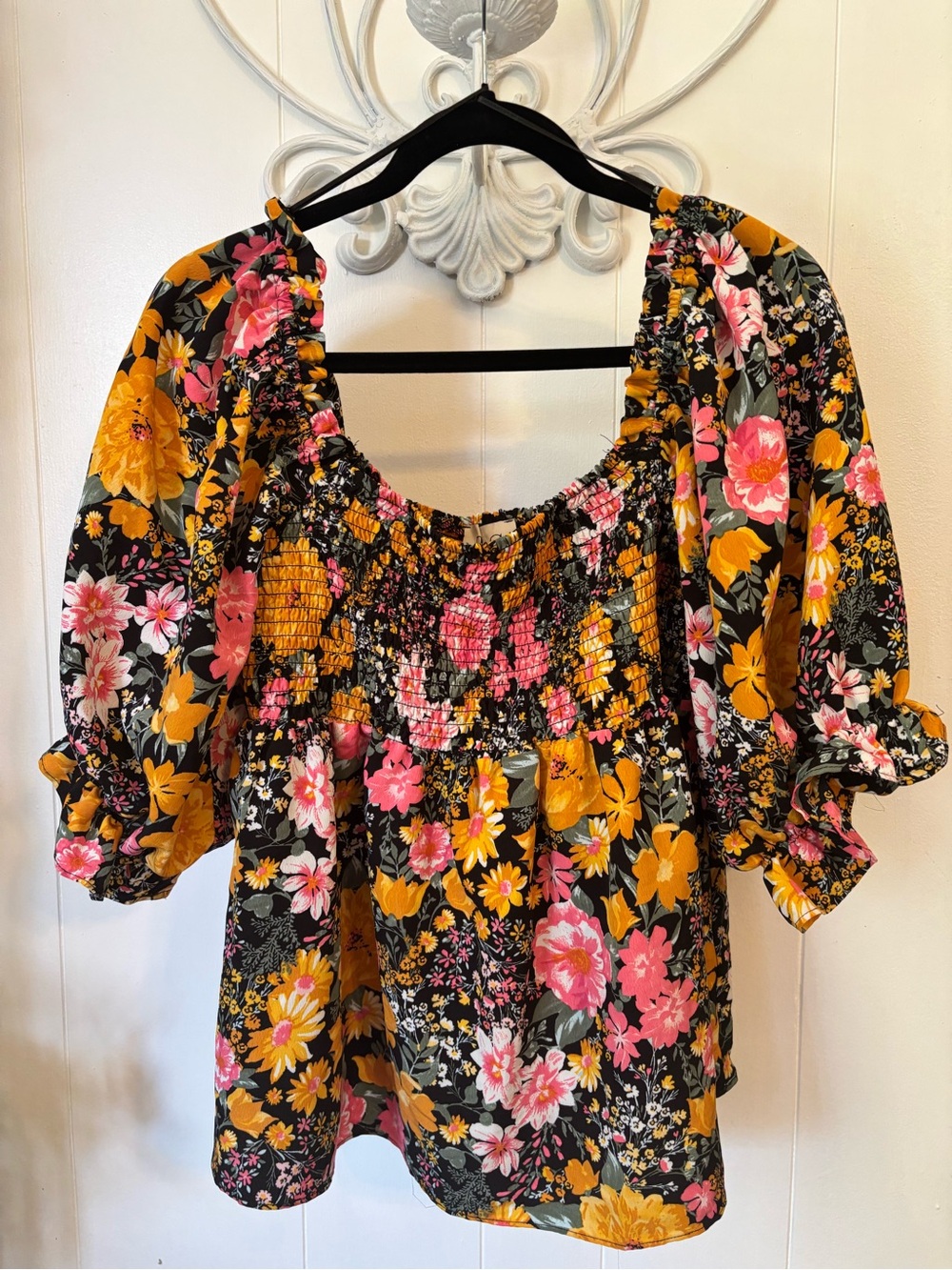 Smocked Puff-Sleeve Floral Blouse in Black, Mustard & Pink